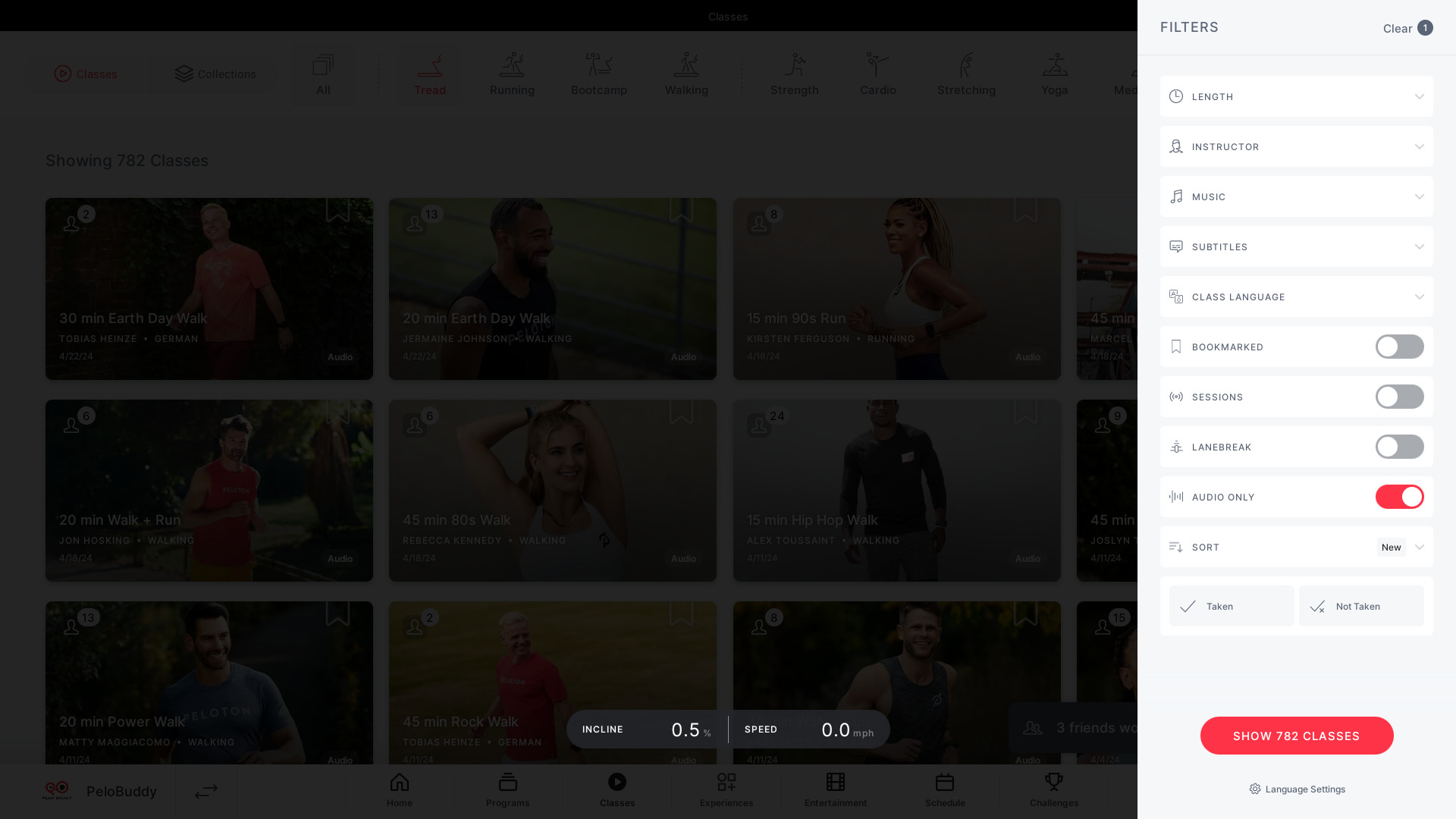 New "Audio Only" filter is on the Peloton Tread/Tread+