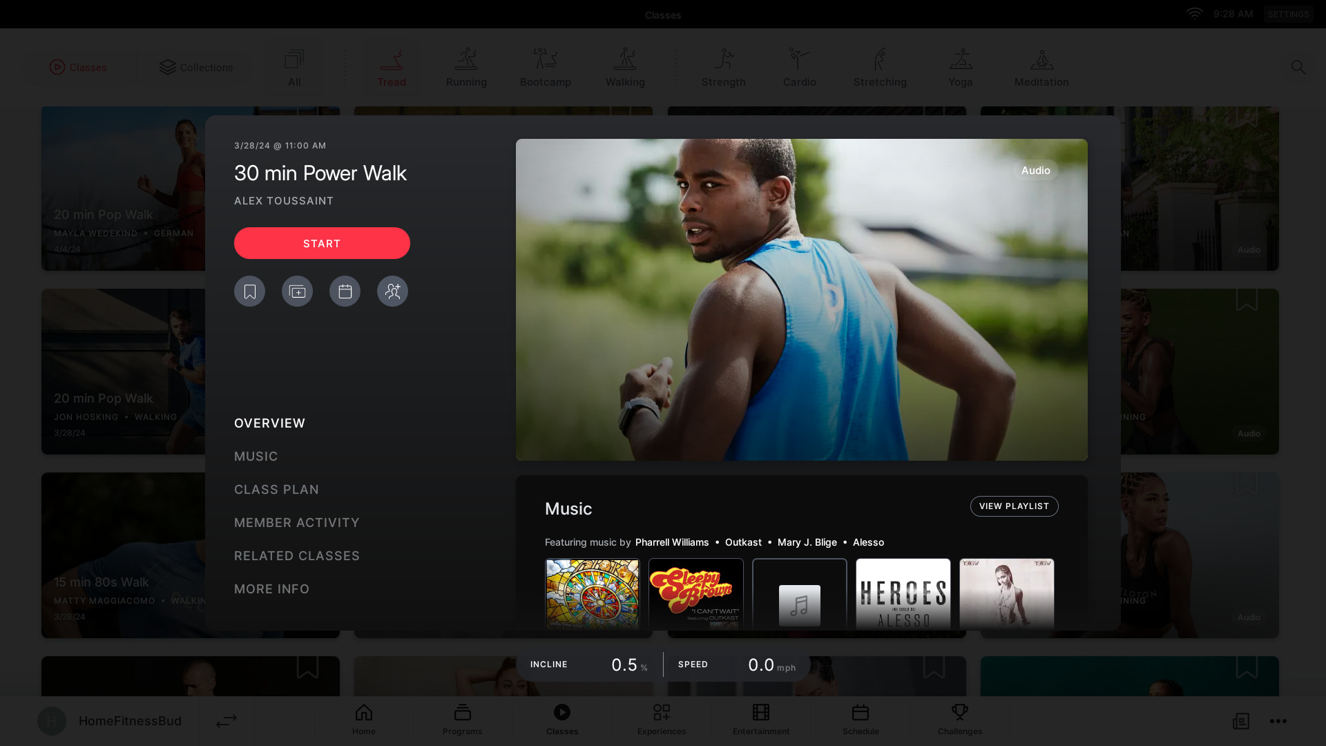 Class info for an outdoor Alex Toussaint walk as displayed on Peloton Tread