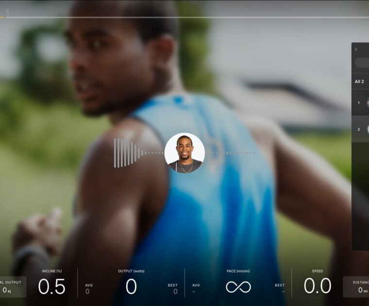 Outdoor walk class display with typical Tread metrics, Leaderboard, class time, etc.