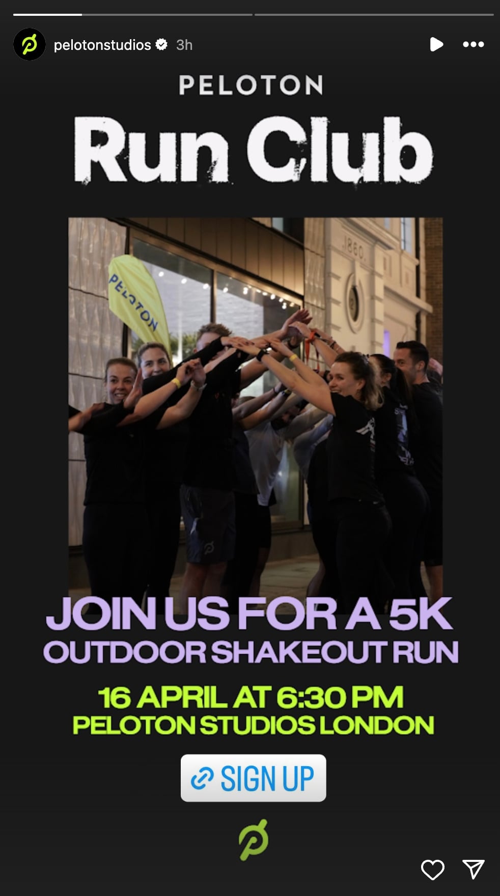 @PelotonStudios Instagram story announcing April shakeout run in London. Image credit Peloton social media.