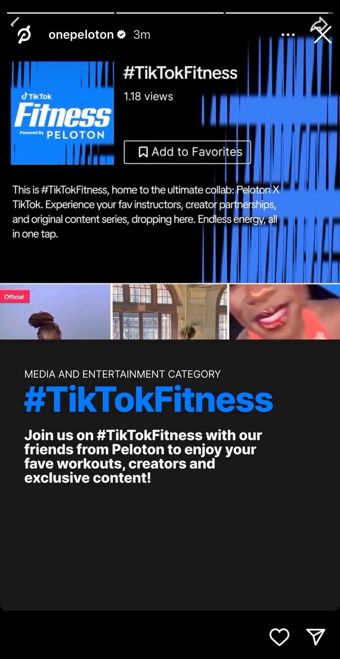 @OnePeloton Instagram story announcing Webby Award nominations. Image credit Peloton social media.