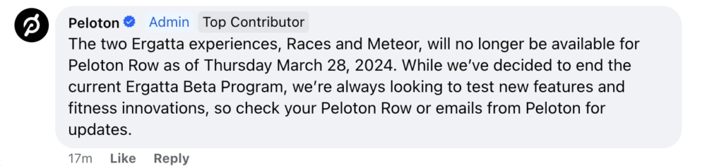 Peloton reply comment in Official Peloton Member Page on Facebook.