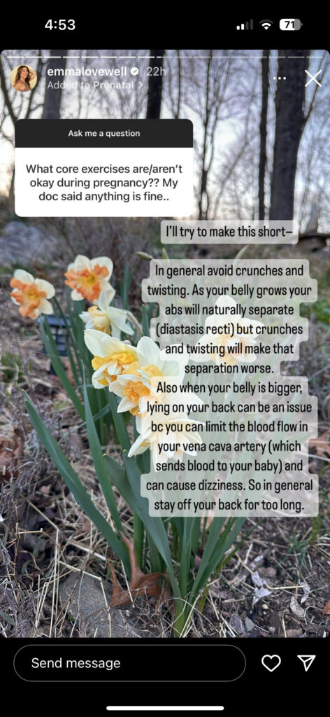 Emma Lovewell's Instagram Story in which she shares new prenatal core classes are on the way.