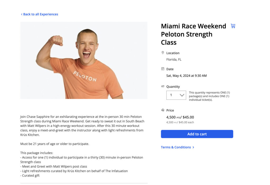Peloton event with Matt Wilpers on Chase Experiences website.