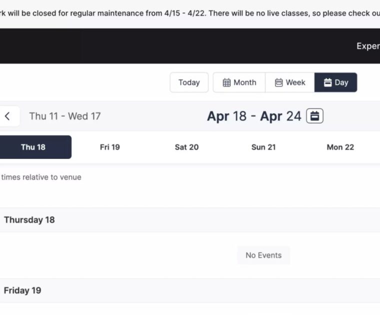 Peloton Studios booking site showing message and no classes for spring 2024 studio closure.