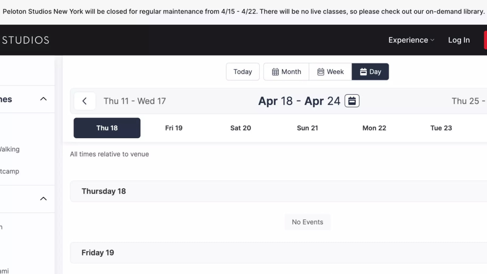 Peloton Studios booking site showing message and no classes for spring 2024 studio closure.