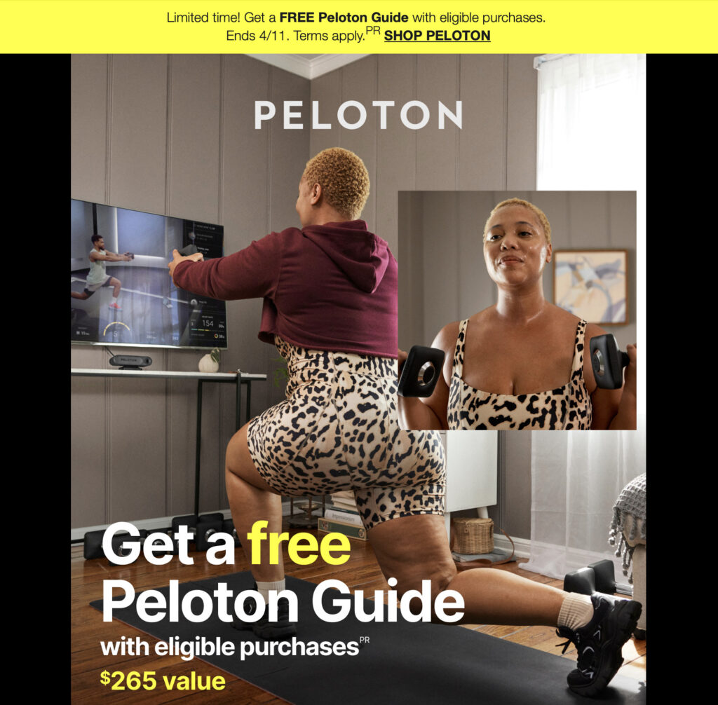 Peloton email sent to customers advertising free Guide offer.