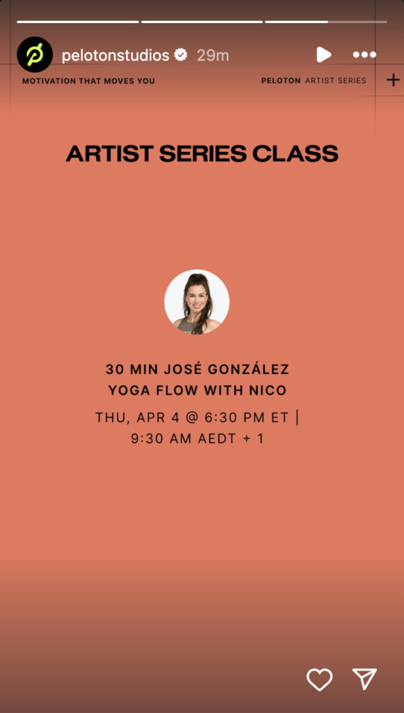 Peloton's José González class list. Image credit Peloton social media.