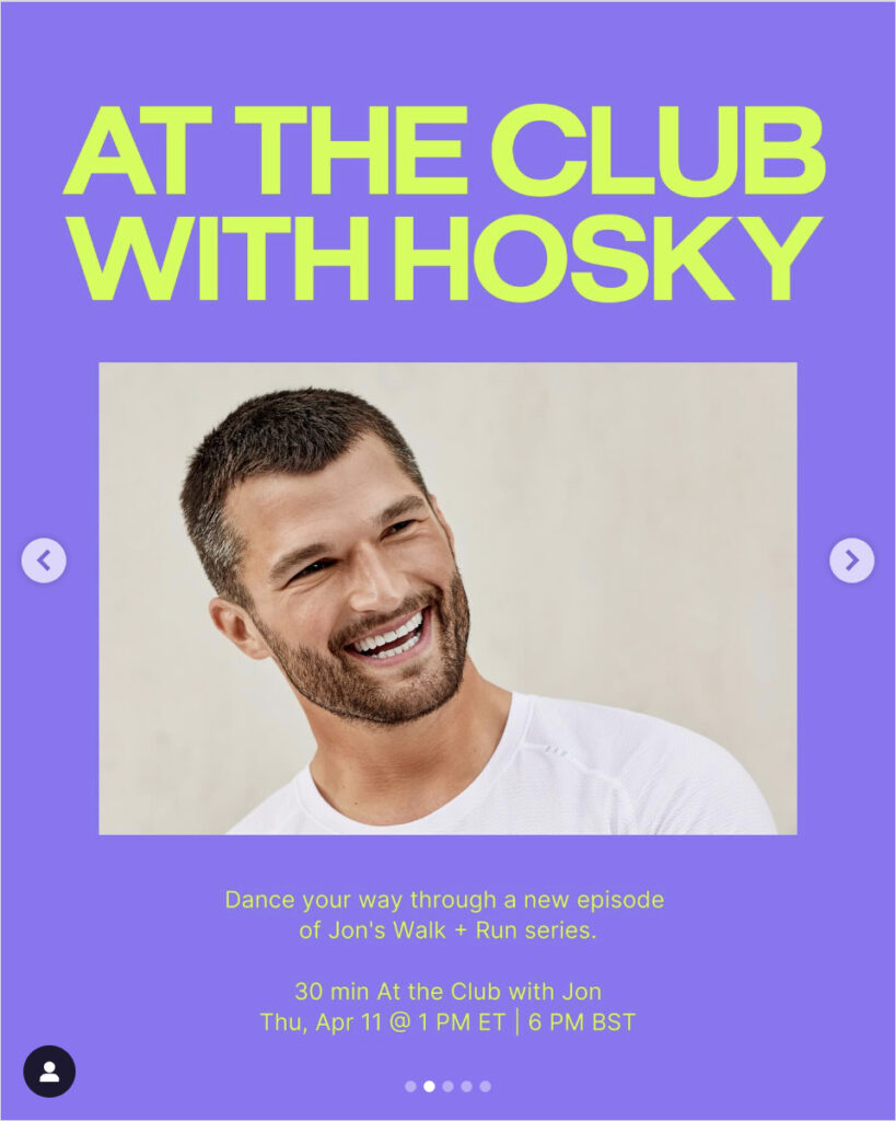 Peloton’s “This Week at Peloton” Instagram post highlighting new At the Club class with Jon Hosking. Image credit Peloton social media.