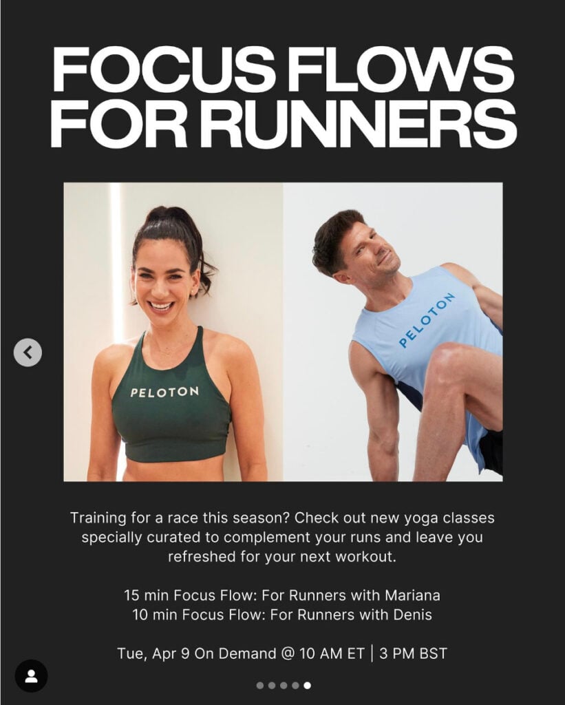 Peloton’s “This Week at Peloton” Instagram post highlighting new yoga focus flow for runners classes. Image credit Peloton social media.