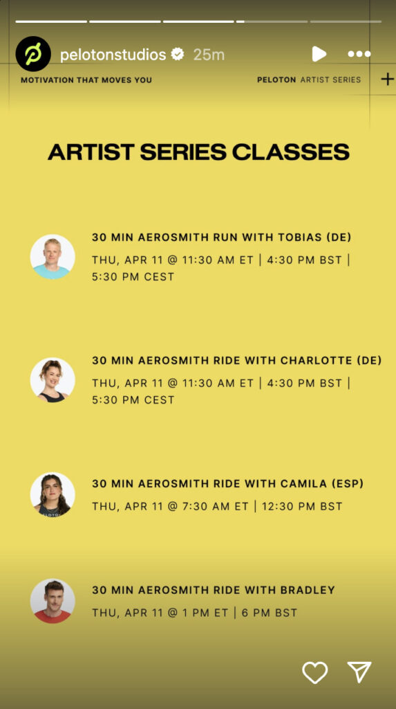 Peloton Aerosmith class list. Image credit Peloton social media.