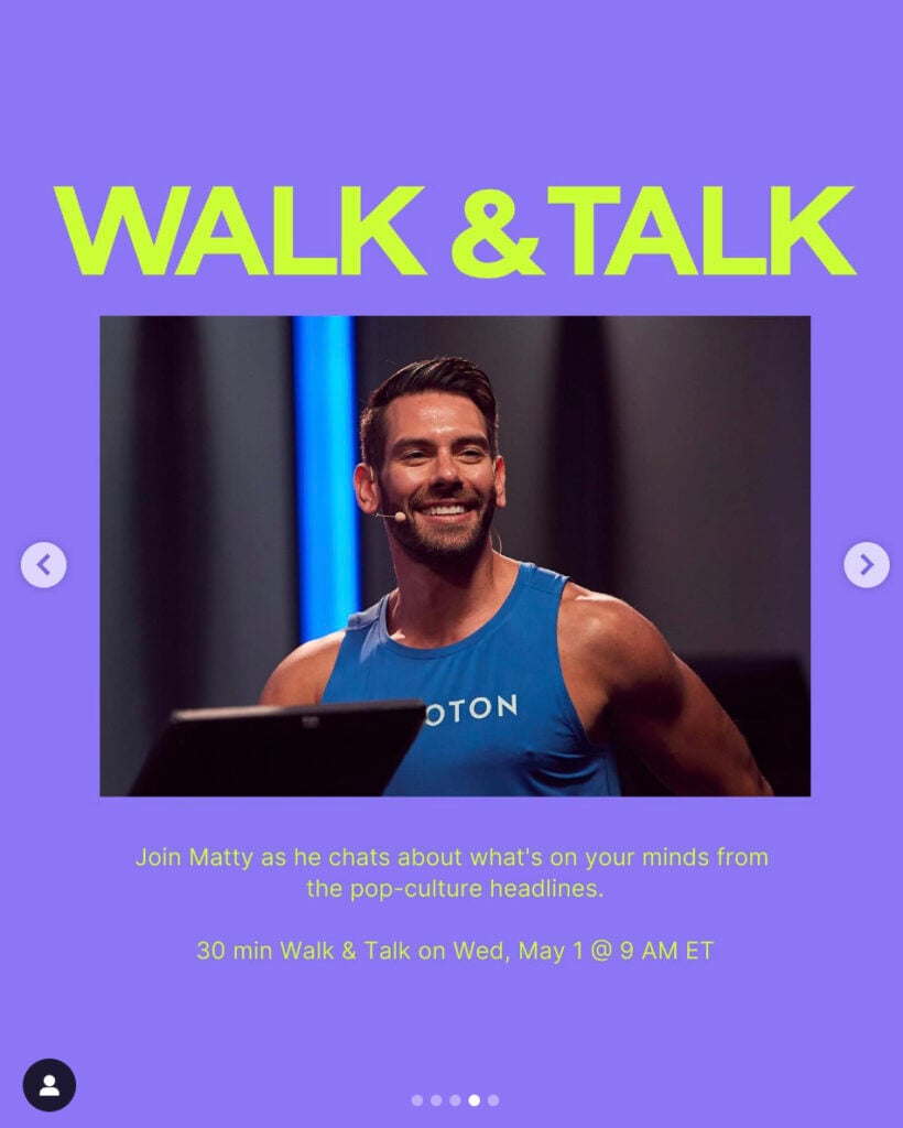 Peloton’s “This Week at Peloton” Instagram post highlighting new Walk & Talk with Matty Maggiacomo. Image credit Peloton social media.