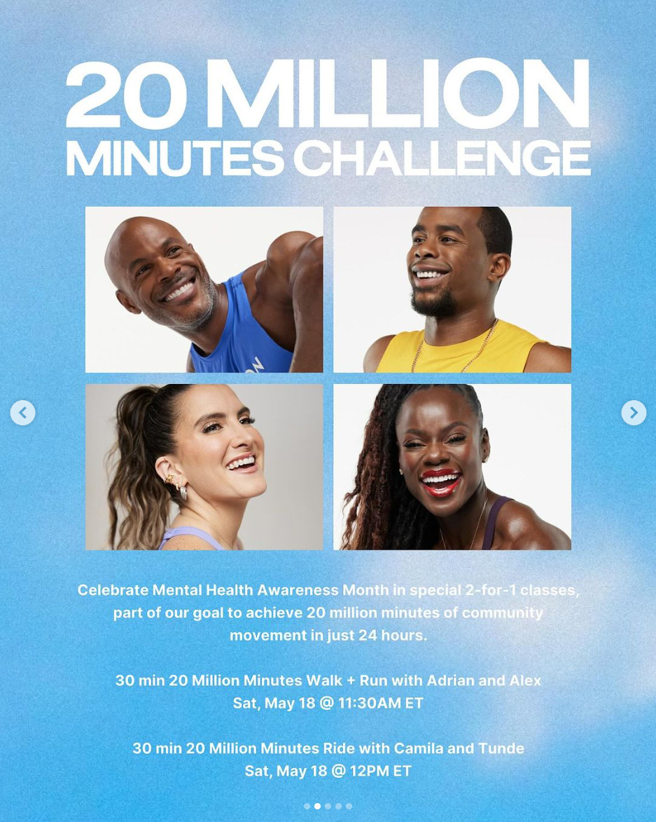 Peloton’s “This Week at Peloton” Instagram post highlighting 2-for-1 20 Million Minutes Challenge classes. Image credit Peloton social media.