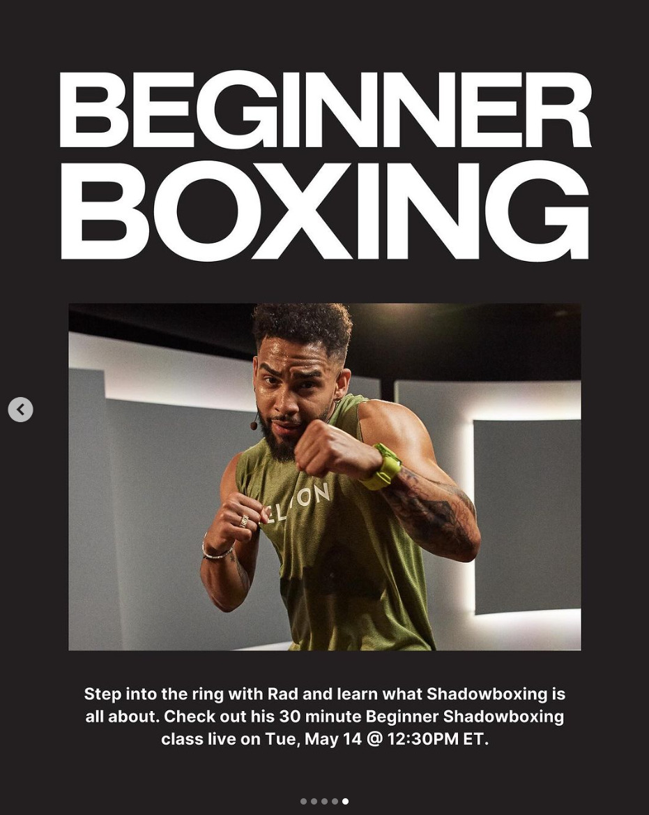 Peloton’s “This Week at Peloton” Instagram post highlighting 30 minute Beginner Shadowboxing with Rad Lopez. Image credit Peloton social media.