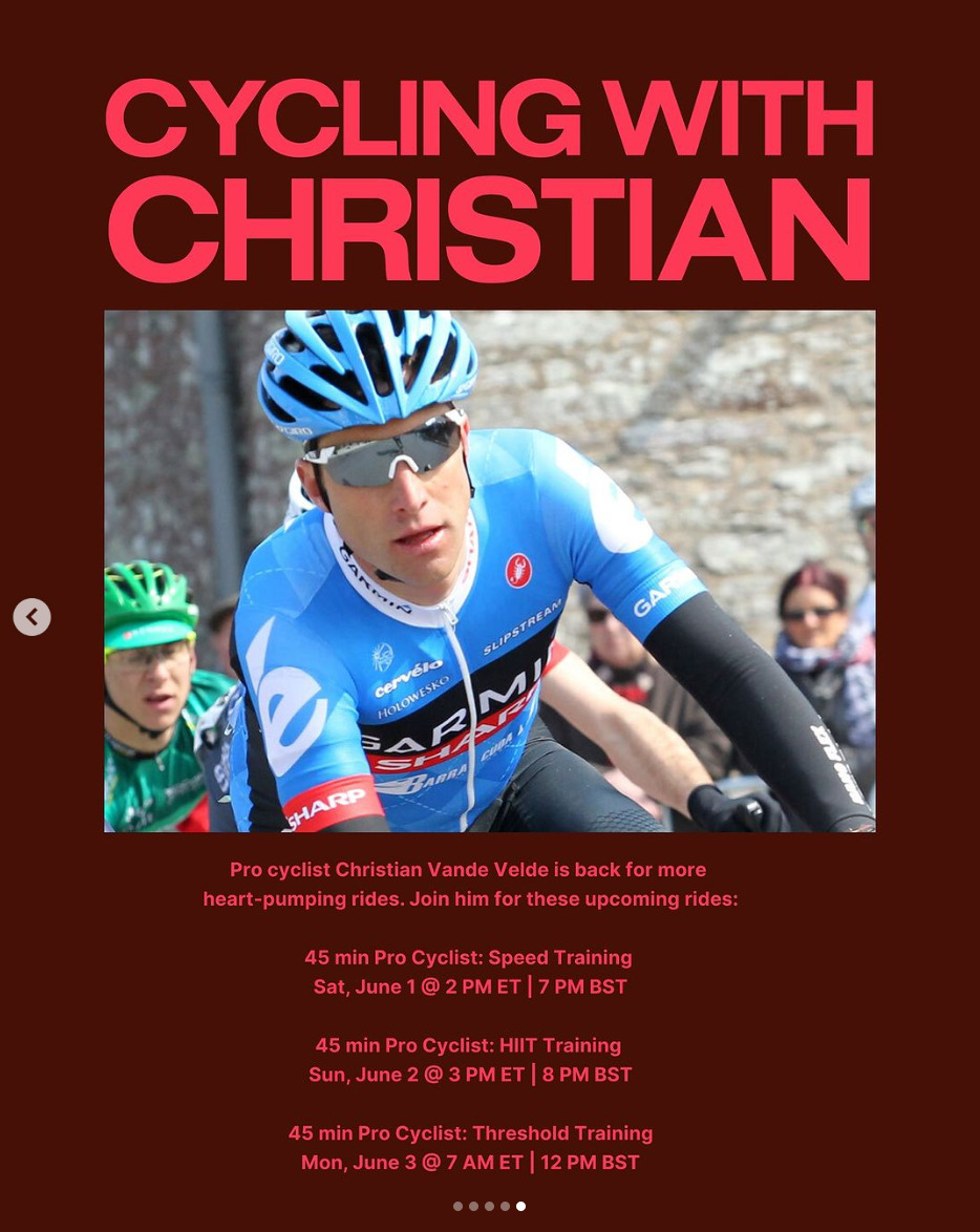 Peloton’s “This Week at Peloton” Instagram post highlighting upcoming live rides taught by Christian Vande Velde. Image credit Peloton social media.