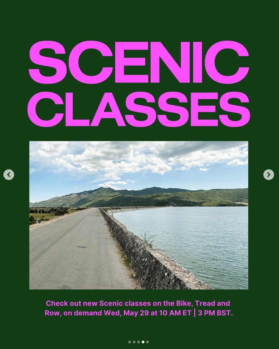Peloton’s “This Week at Peloton” Instagram post highlighting new scenic class content. Image credit Peloton social media.