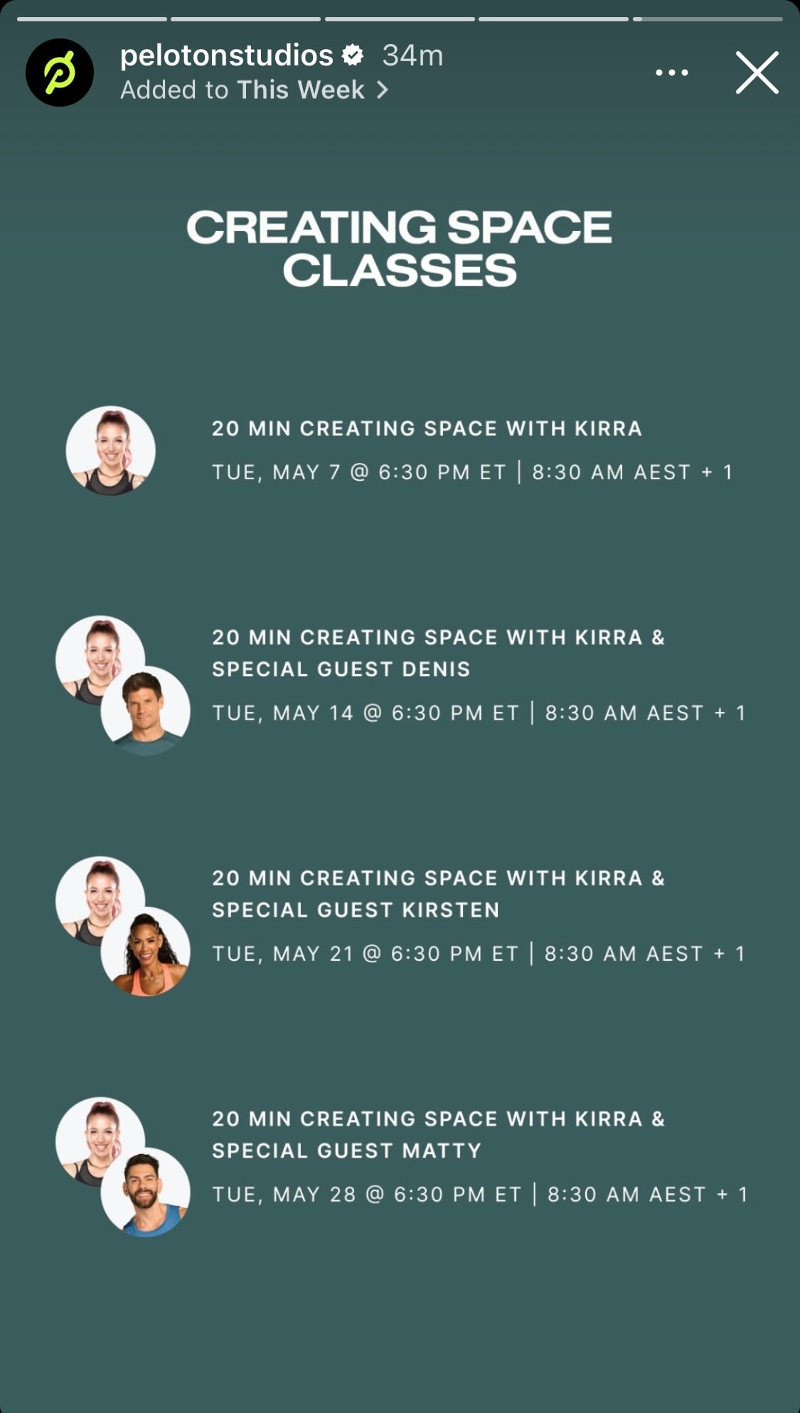 @PelotonStudios Instagram story announcing Creating Space class schedule. Image credit Peloton social media.