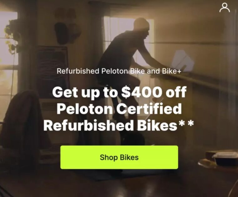 Peloton website homepage advertising refurbished Bike/Bike+ offer through June 4, 2024.