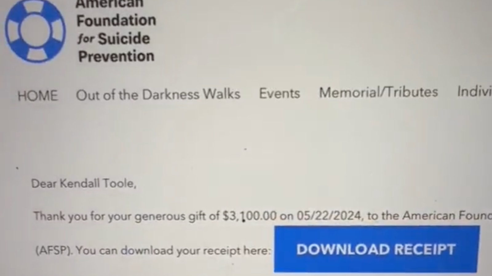 Kendall's Instagram Live showing donation to AFSP.