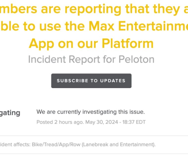 Peloton incident report regarding Max (HBO) bug