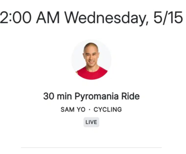 Sam Yo's Pyromania Ride on the upcoming Peloton schedule.