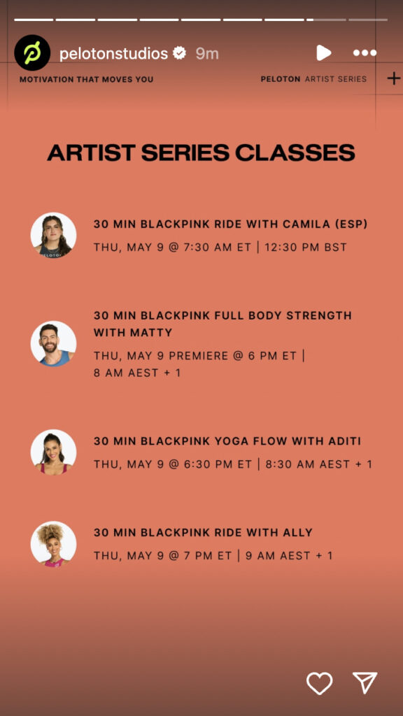 Peloton's BLACKPINK class list. Image credit Peloton social media.