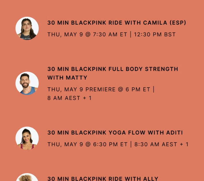 Peloton's BLACKPINK class list. Image credit Peloton social media.