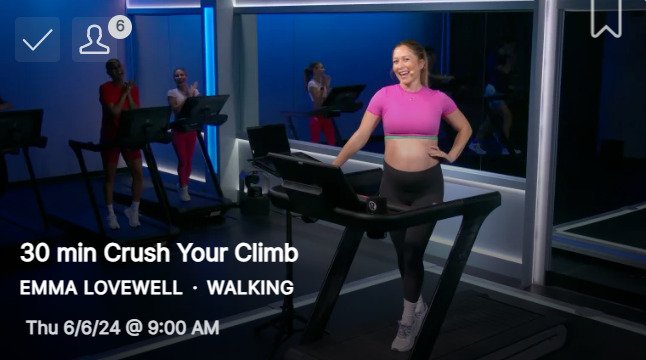Emma Lovewell's first treadmill class, Crush Your Climb from June 6, 2024
