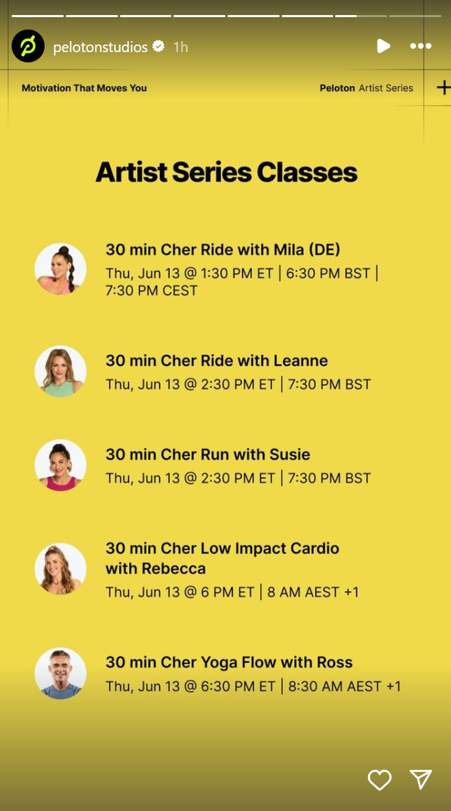 Several of Peloton's upcoming Cher artist series classes. Image credit Peloton social media.