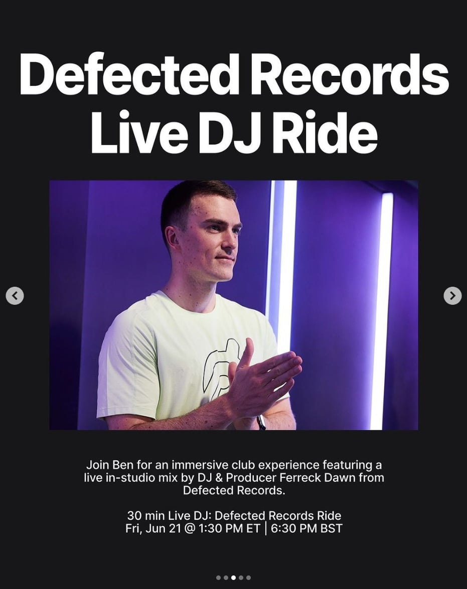 First Live DJ Ride at Peloton Studios London is coming with Ben Alldis and Defected Records. Image credit Peloton social media.
