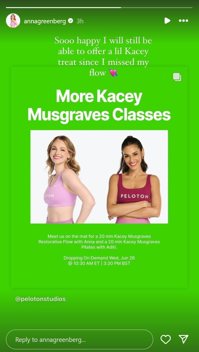 Anna Greenberg's Instagram story sharing upcoming Kacey Musgraves yoga