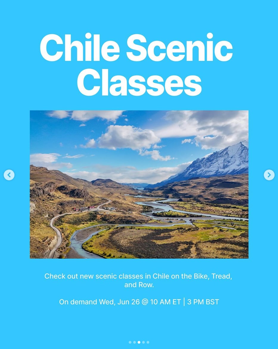 Peloton's "This Week" featured classes include new scenic classes from Chile