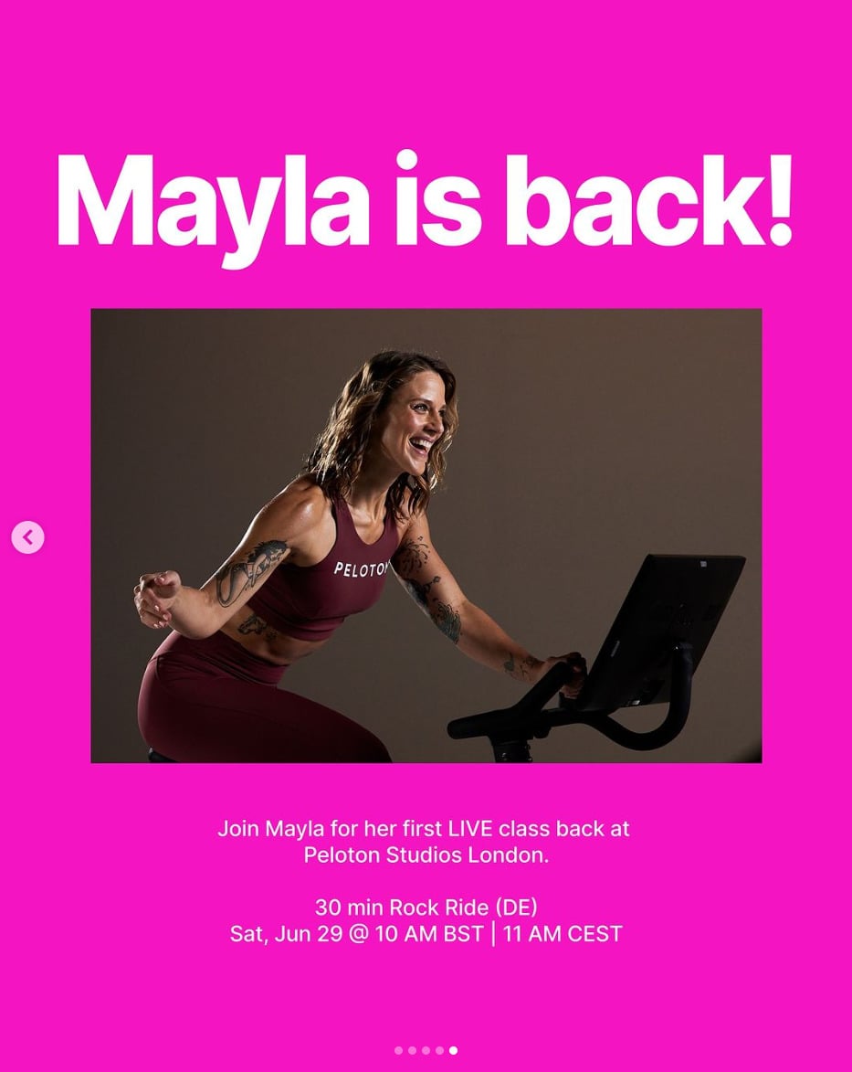 Peloton's "This Week" featured classes include Mayla Wedekind's first live class back from maternity leave