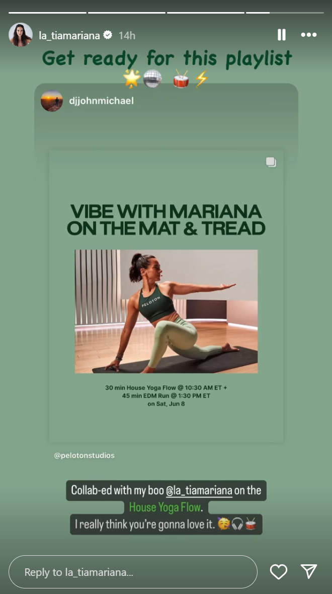 Peloton’s “This Week at Peloton” Instagram post highlighting upcoming House Yoga and EDM Run with Mariana, reposted by Mariana and DJ John Michael. Original image credit Peloton social media.