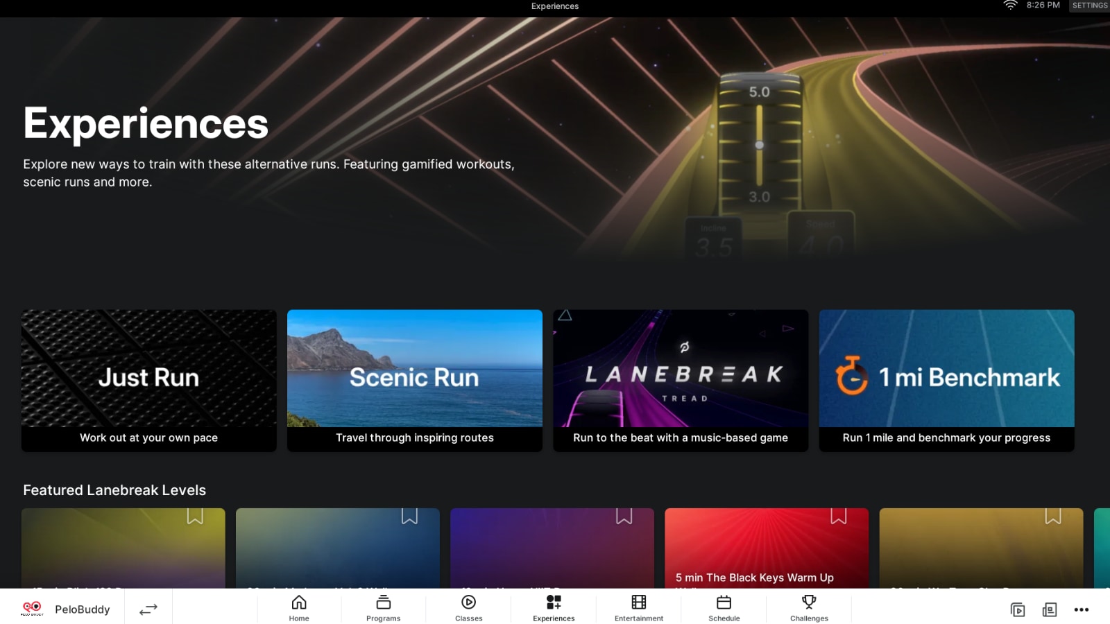 Peloton's run & row benchmark tests are in the "Experiences" section.