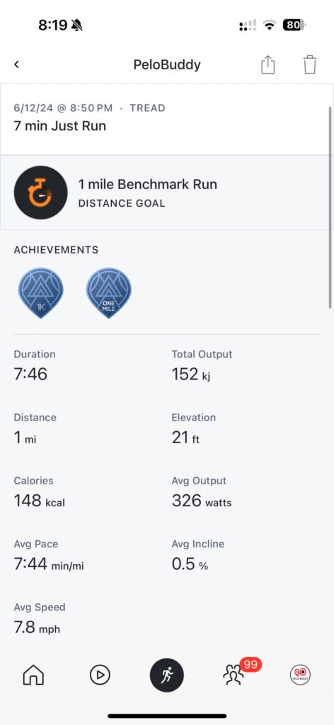 Peloton app showing a completed benchmark run.