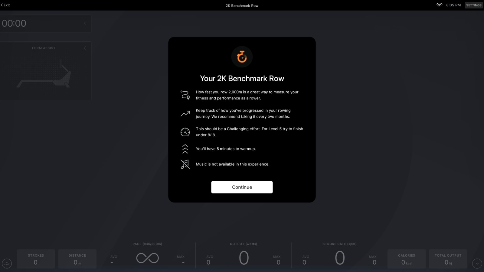 Introduction screen before taking a Peloton benchmark rowing test class on Row.