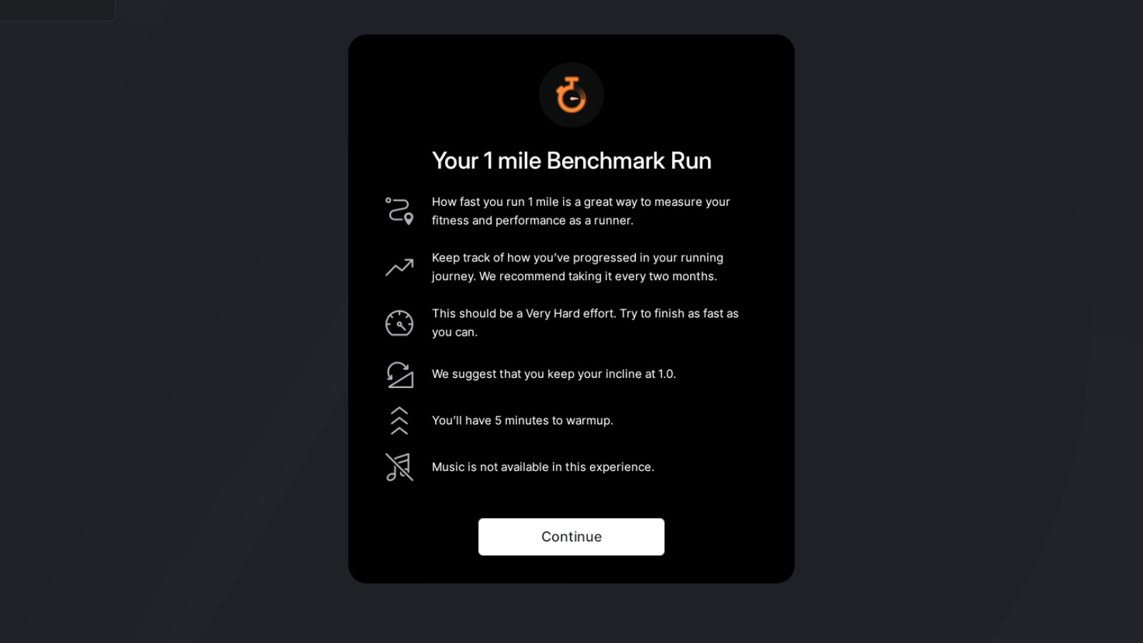 Introduction screen before taking a Peloton benchmark running test class on Tread.