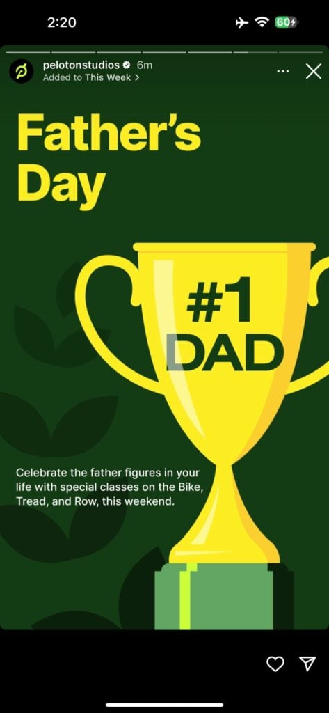@PelotonStudios Instagram Story announcing 2024 Father's Day classes. Image credit Peloton social media.