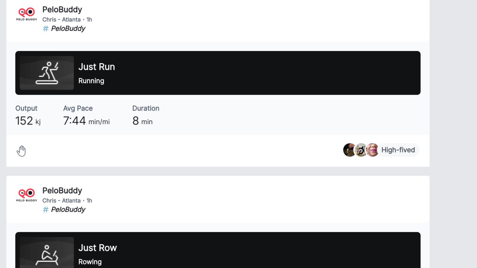 Two benchmark tests in the Peloton Feed, labeled as "Just Run" and "Just Row".