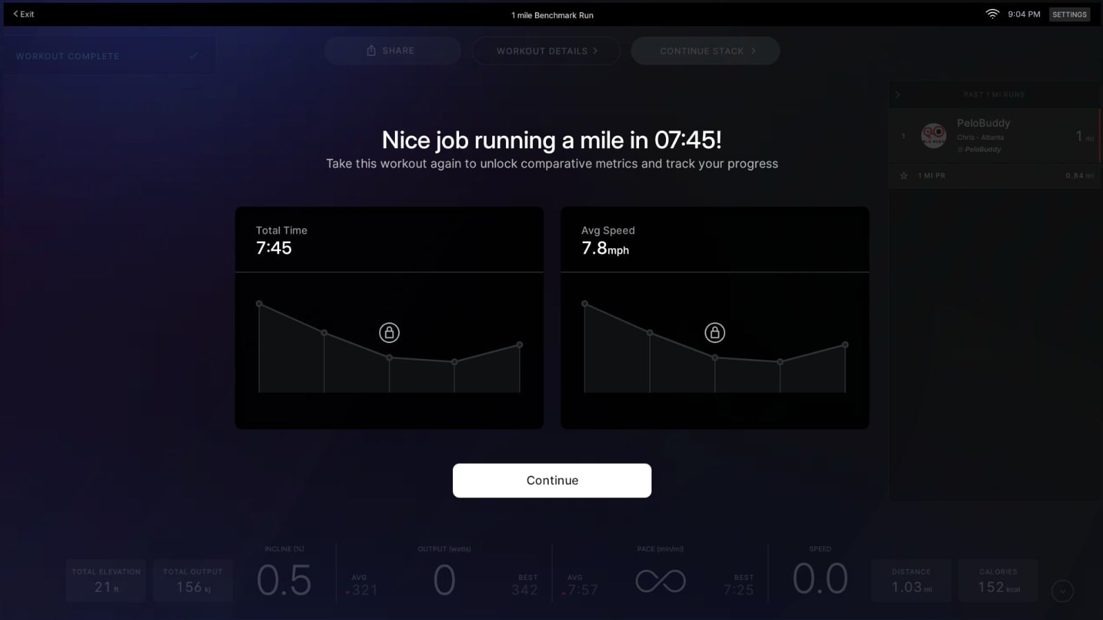Benchmark test summary for Peloton Tread running class
