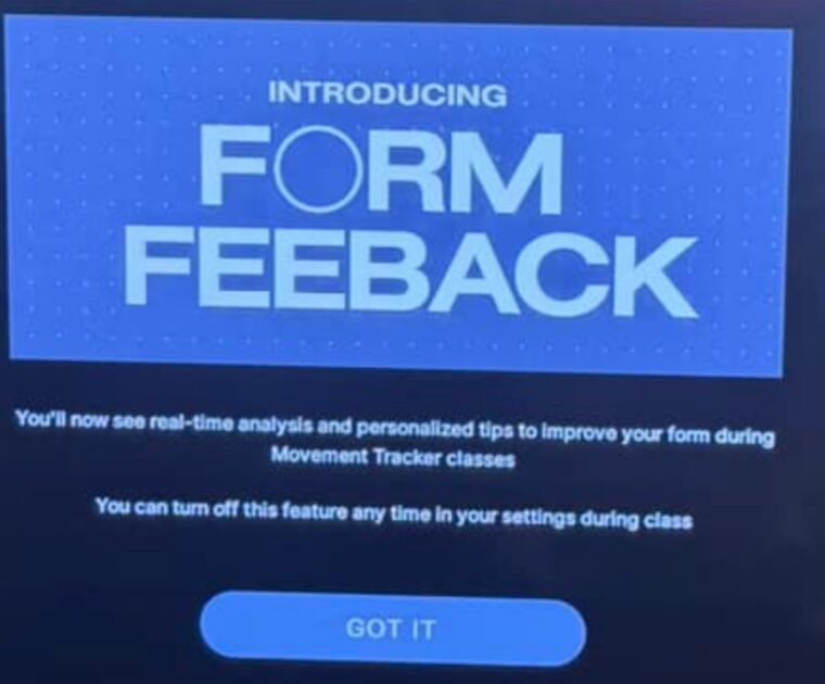 New screen notifying a user they have the Form Feedback feature on peloton Guide.