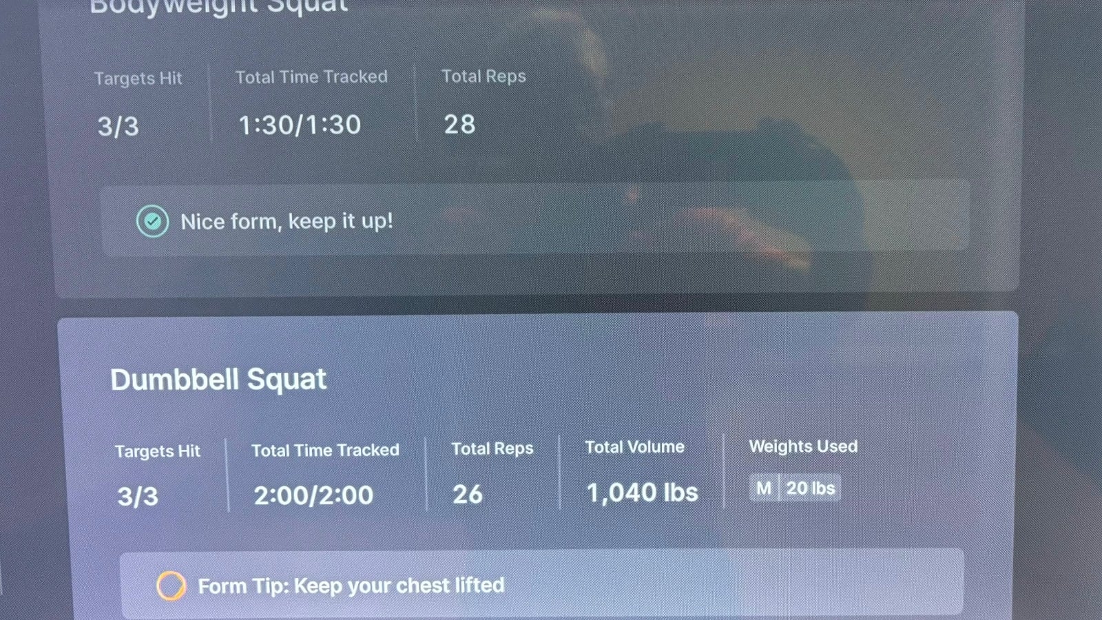 Post workout summary with form suggestions using form feedback on Peloton Guide.