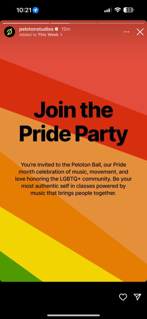 @PelotonStudios Instagram Story announcing 2024 Pride classes.