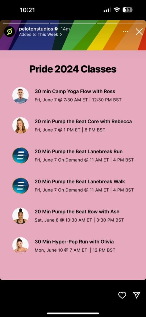 @PelotonStudios Instagram Story announcing 2024 Pride classes.