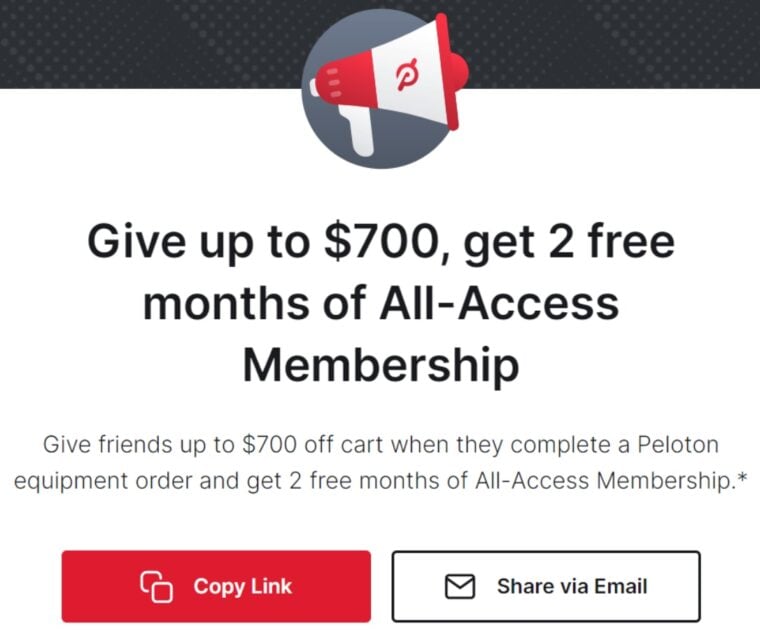 Peloton referrals webpage with offer through July 9, 2024