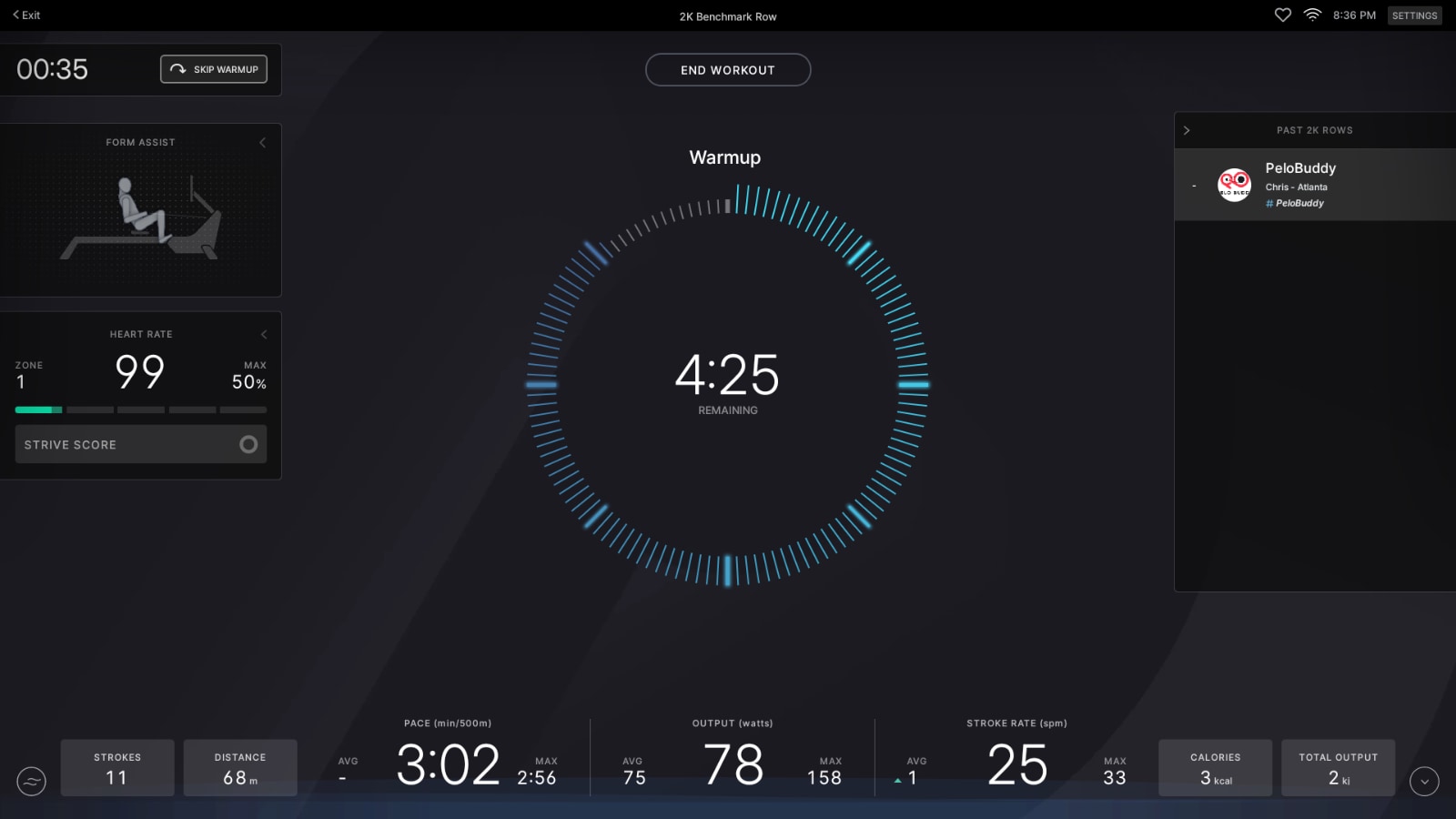 The warmup of a Peloton row benchmark test.