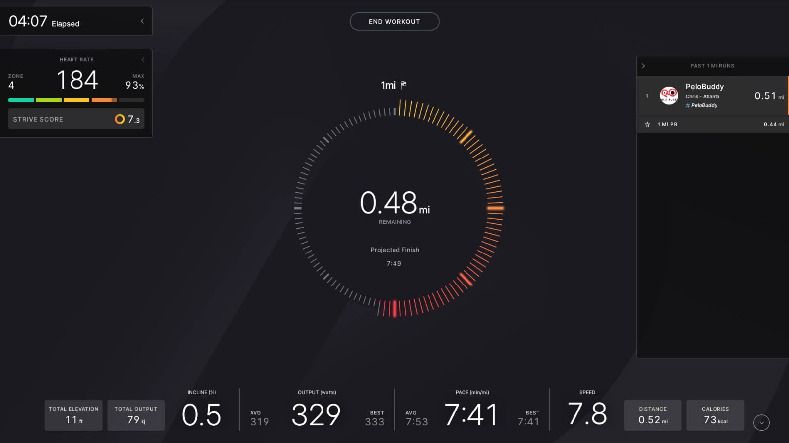 Halfway through a 1 mile running benchmark test on Peloton tread.