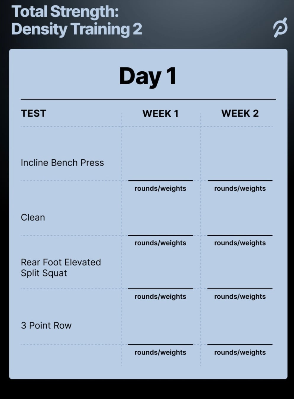 Tracker for Day 1 of the Total Strength: Density Training 2 program with Andy Speer.