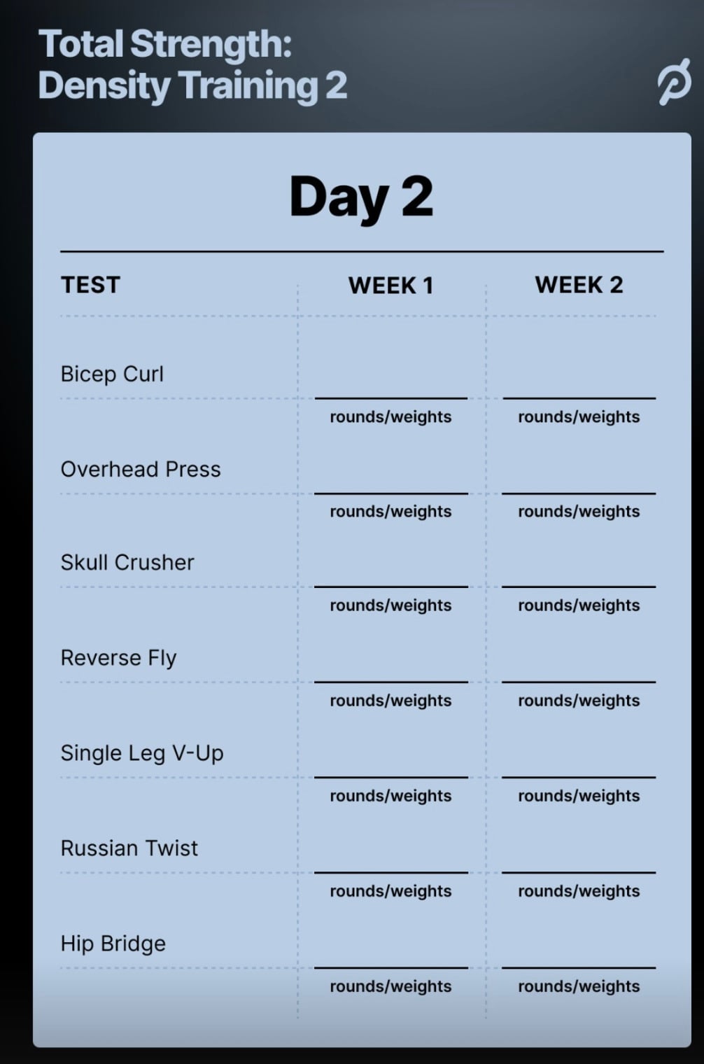 Tracker for Day 2 of the Total Strength: Density Training 2 program with Andy Speer.